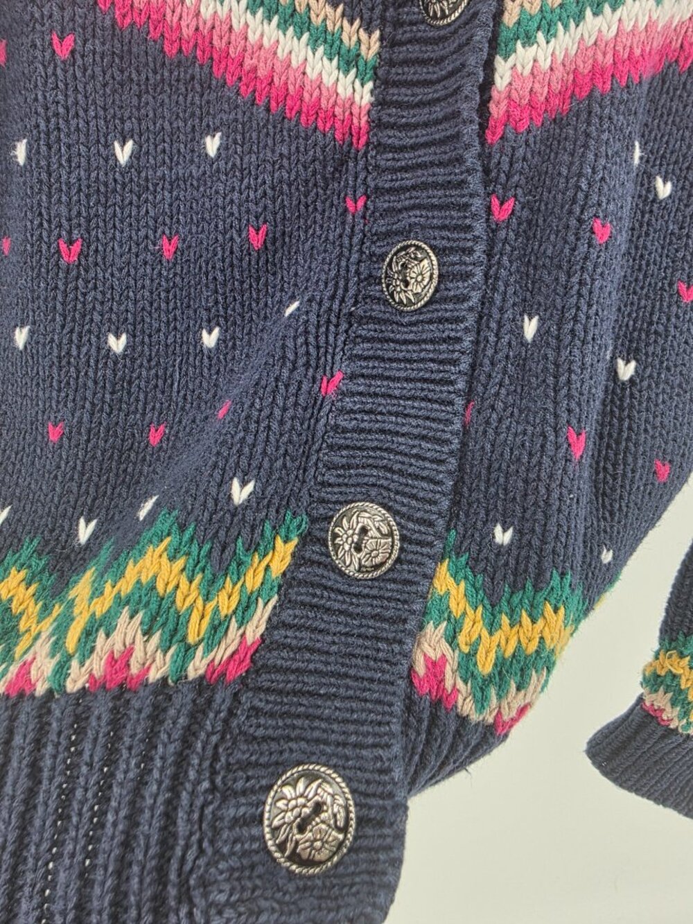 Margules Vintage Navy Fair Isle Heart Knit Cardigan Womens Small 80s 90s - Picture 4 of 9